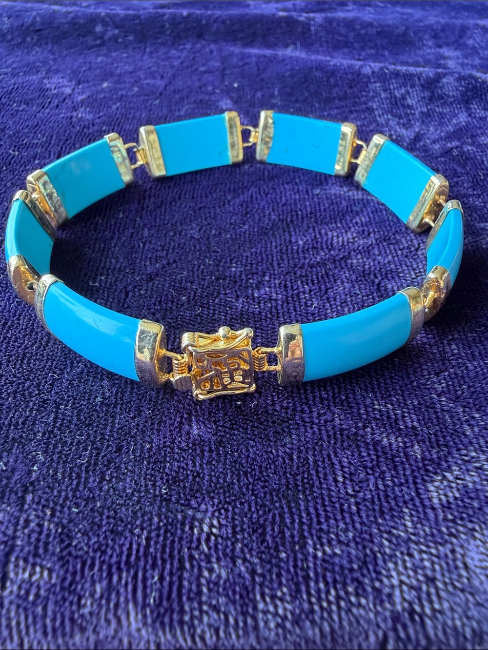 18K gold plated link bracelet with safety latch, turquoise color